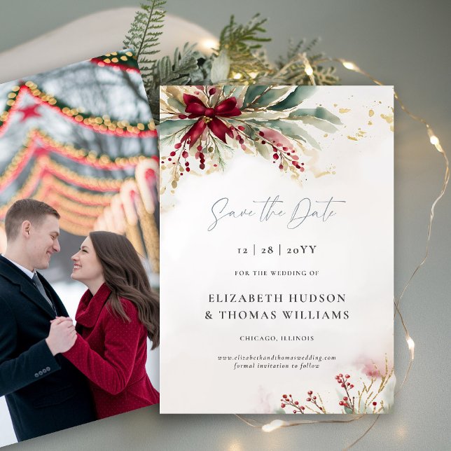 Winter Greenery jul Red Bow Bröllop Spara Datumet (winter wedding save the date christmas bow greenery berries watercolor elegant modern photo template)