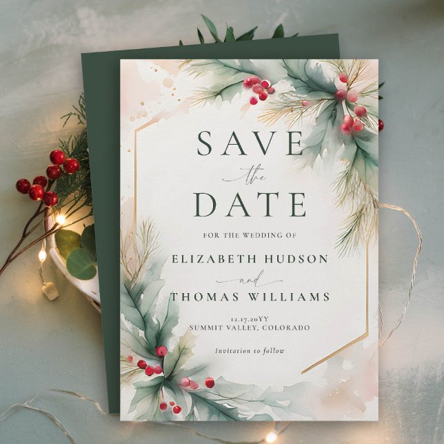 Winter Greenery jul Red Elegant bröllop Spara Datumet (winter christmas wedding save the date romantic modern watercolor greenery berries holly spruce)