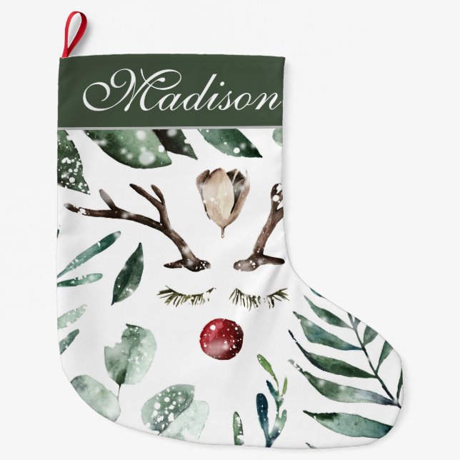 Winter Greenery jul Reindeer | Monogram Stor Julstrumpa (Framsidan)