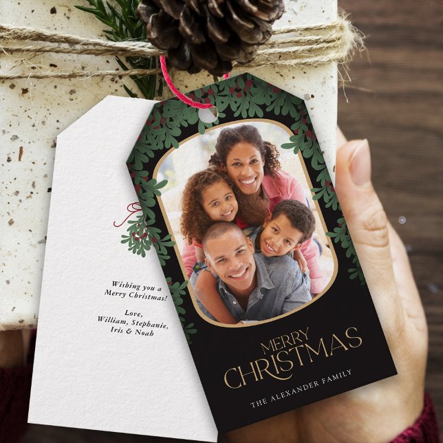 Winter Greenery Mistletoe Round Photo jul Presentetikett (Skapare uppladdad)