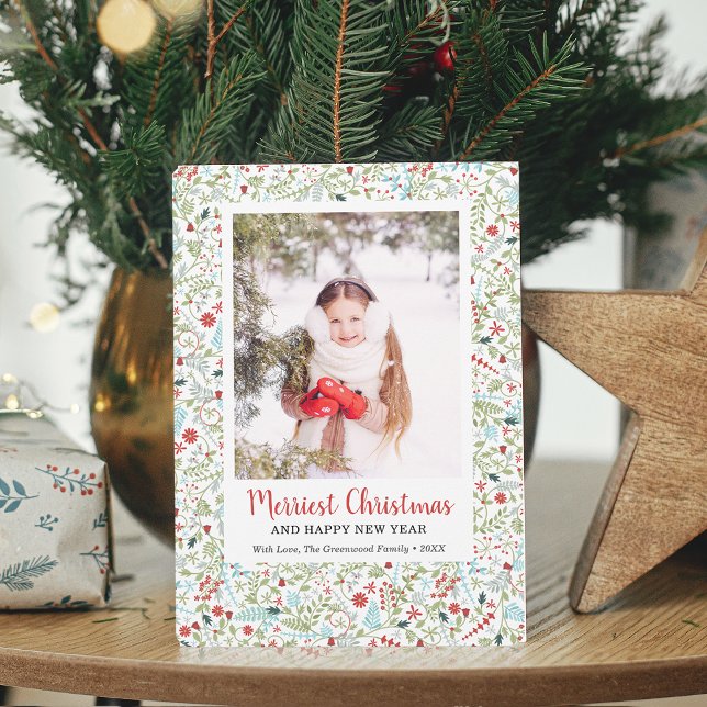 Winter Greenery Mönster Merriest julfoto Julkort (Winter Greenery Pattern Merriest Christmas Photo Holiday Card)