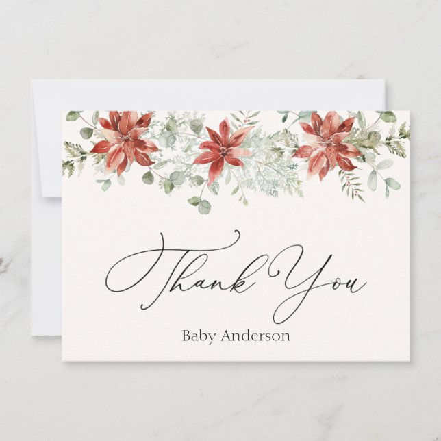 Winter Greenery Poinsettia Tackkort Card Anteckningskort (Framsida)