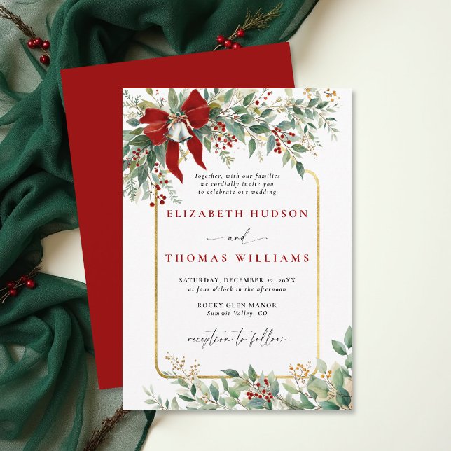 Winter Greenery Red Bow Bells Rustic Frame Wedding Inbjudningar (christmas wedding invitation card template design winter greenery botanical rustic chic frame)