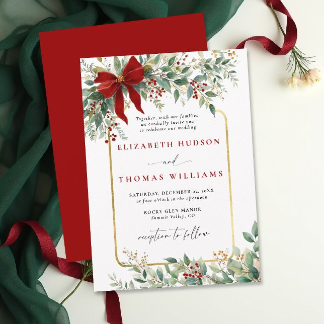 Winter Greenery Red Bow Rustic *Gold Frame Wedding Inbjudningar (christmas wedding invitation card template design winter greenery botanical rustic chic golden frame)