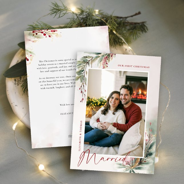 Winter Greenery Red Grönt Första julen Gift (first christmas married romantic holiday christmas photo card watercolor winter greenery botanical)