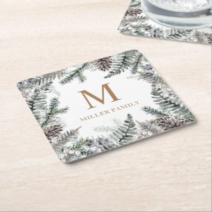 Winter Greenery Red Helgdag Monogram Underlägg Papper Kvadrat