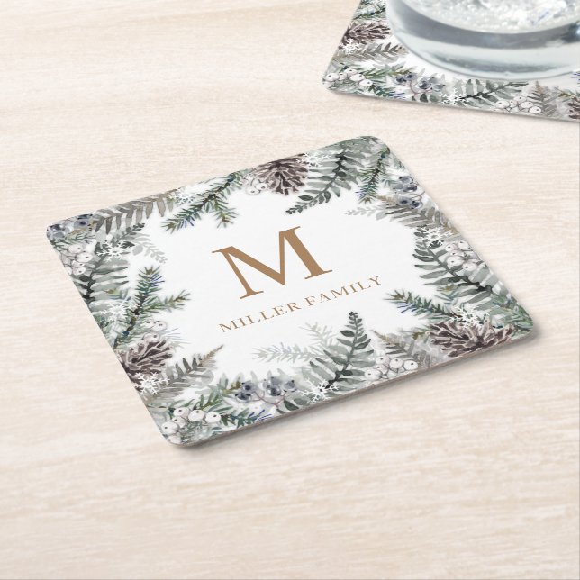 Winter Greenery Red Helgdag Monogram Underlägg Papper Kvadrat (Vinklad)