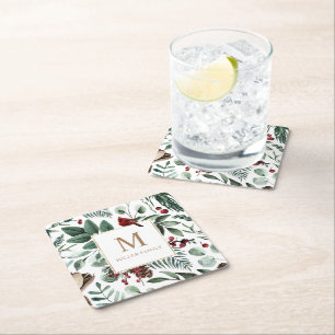 Winter Greenery Red Helgdag Monogram Underlägg Papper Kvadrat
