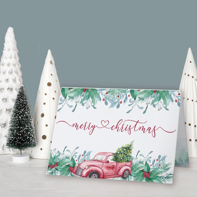 Winter Greenery Red Lastbil Watercolor Garland Helgkort (Red Truck Christmas Card. Buy professionally printed or as a printable digital download.)