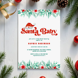 Winter Greenery Retro Script Santa Baby Shower Inbjudningar