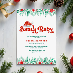 Winter Greenery Retro Script Santa Baby Shower Inbjudningar