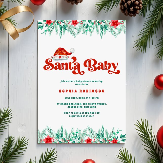 Winter Greenery Retro Script Santa Baby Shower Inbjudningar (Skapare uppladdad)