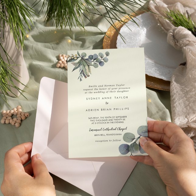 Winter Greenery | Traditionellt Bröllop i Elfenben Inbjudningar (Skapare uppladdad)