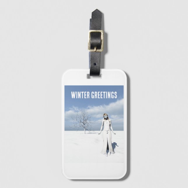 Winter Greetings. Female elf walking in the snow  Bagagebricka (Framsida vertikal)