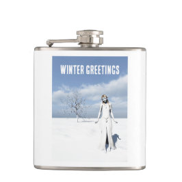 Winter Greetings. Female elf walking in the snow Fickplunta