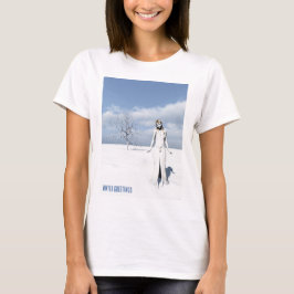 Winter Greetings. Female elf walking in the snow T Shirt