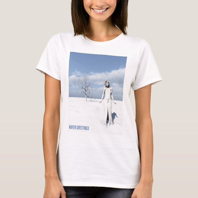 Winter Greetings. Female elf walking in the snow T Shirt (Framsida)