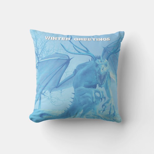 Winter Greetings. Ice dragon with antlers Kudde (Framsida)