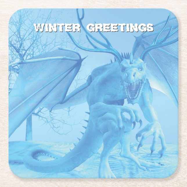 Winter Greetings. Ice dragon with antlers Underlägg Papper Kvadrat (Framsidan)