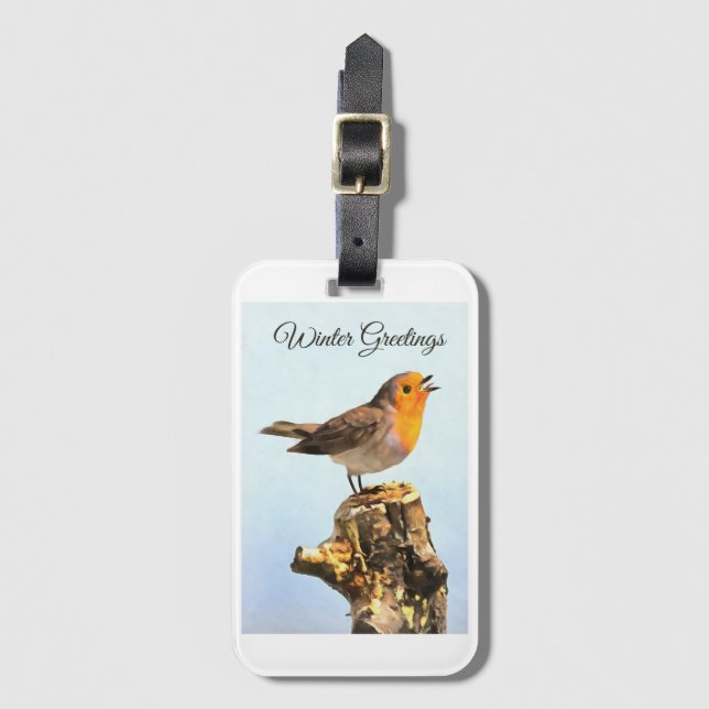 Winter Greetings. Robin singing  Bagagebricka (Framsida vertikal)