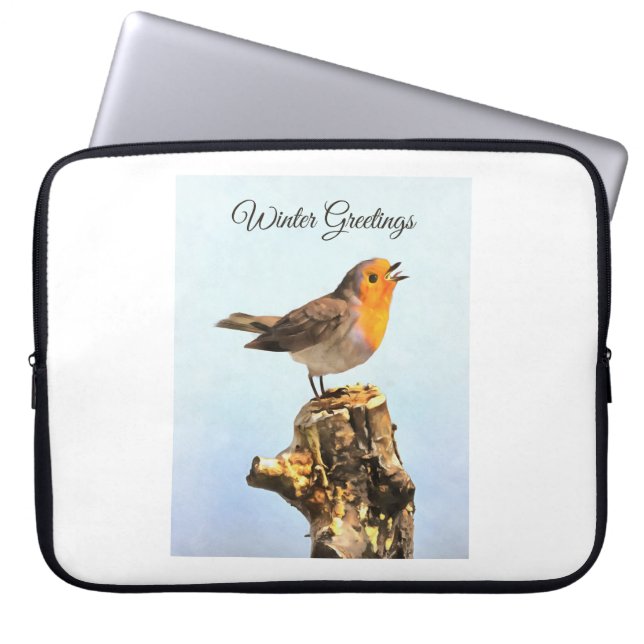 Winter Greetings. Robin singing  Laptop Fodral (Framsidan)