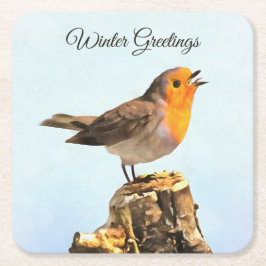 Winter Greetings. Robin singing  Underlägg Papper Kvadrat