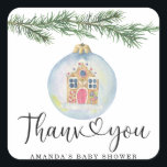 Winter gren - tack för babyduschen fyrkantigt klistermärke<br><div class="desc">Vinter gren med leksak. Vattenfärgad babyduschinbjudan med julen gräs gren med nyårets bollar i leksak i ett brödhus. Matchande objekt är tillgängliga.</div>