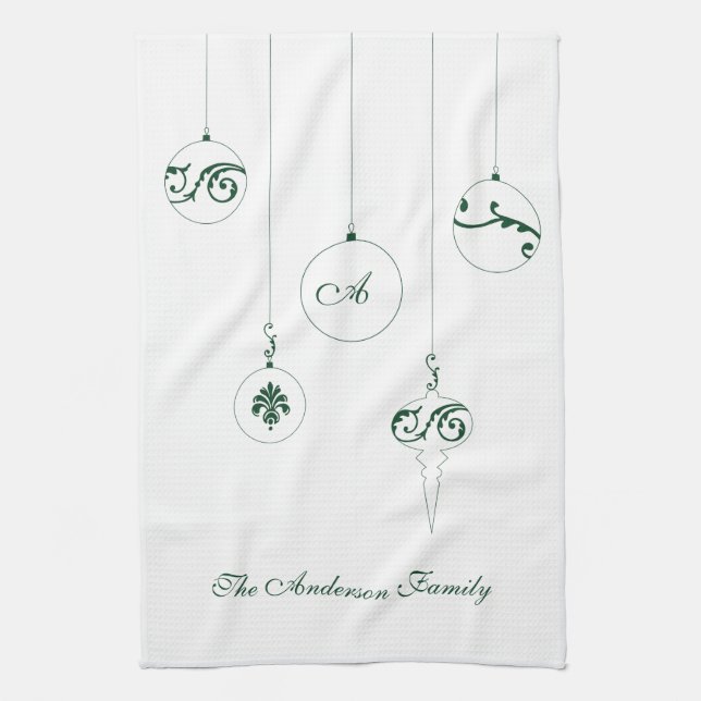 Winter Grönt Monogram Bauble Ornaments Family Namn Kökshandduk (Vertikal)