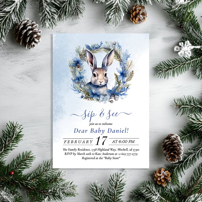 Winter Hare Watercolor Sip och Se inbjudan (Winter Hare Watercolor Sip and See Invitation)