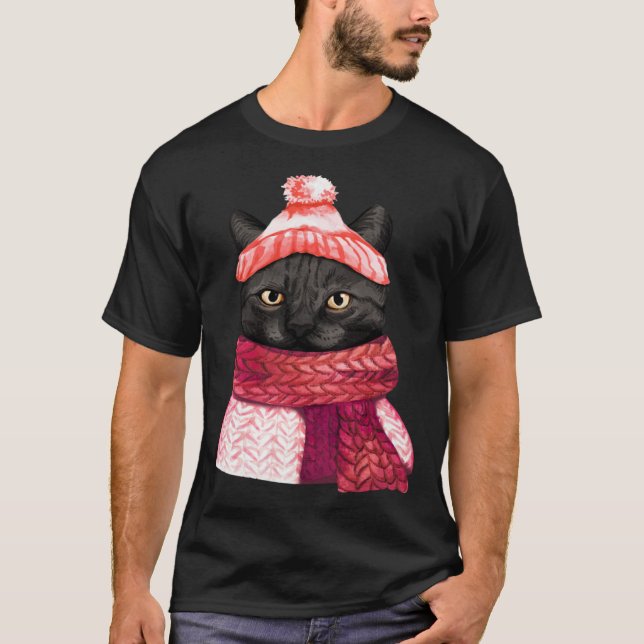 Winter Hat And Shawl Black Cat For Kitten T Shirt (Framsida)