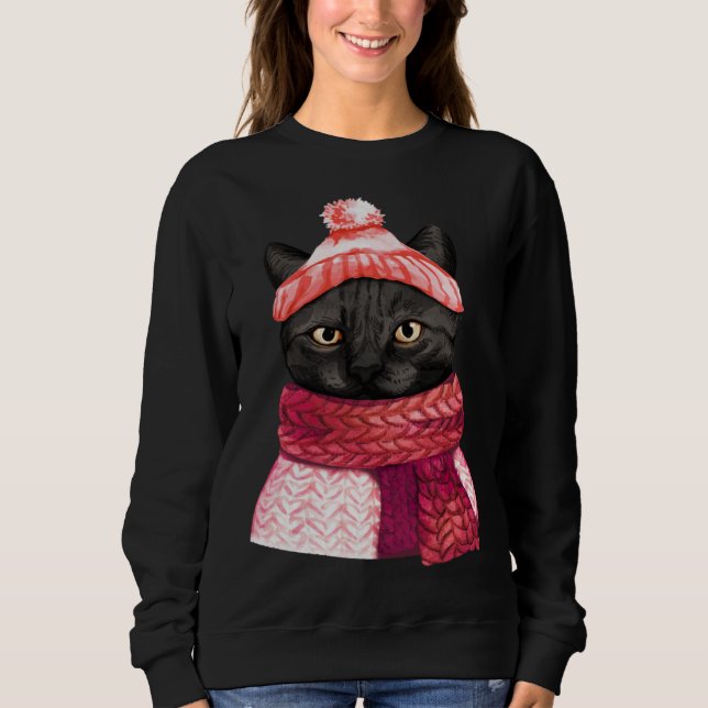 Winter Hat And Shawl Black Cat For Kitten T Shirt (Framsida)