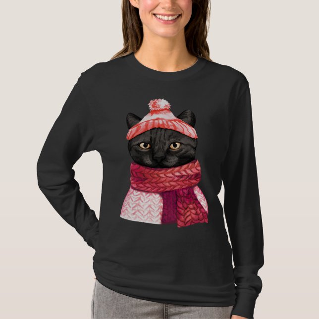 Winter Hat And Shawl Black Cat For Kitten T Shirt (Framsida)
