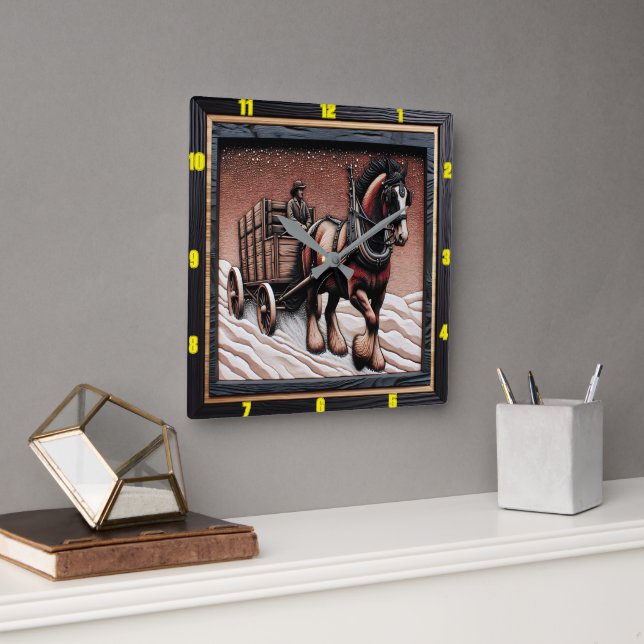 Winter Haul: Anpassade Charred Wood Clydesdale Fyrkantig Klocka (Kontor)