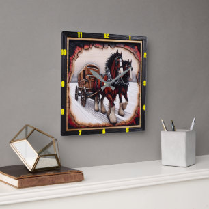 Winter Haul: Personlig Charred Wood Clydesdale Fyrkantig Klocka