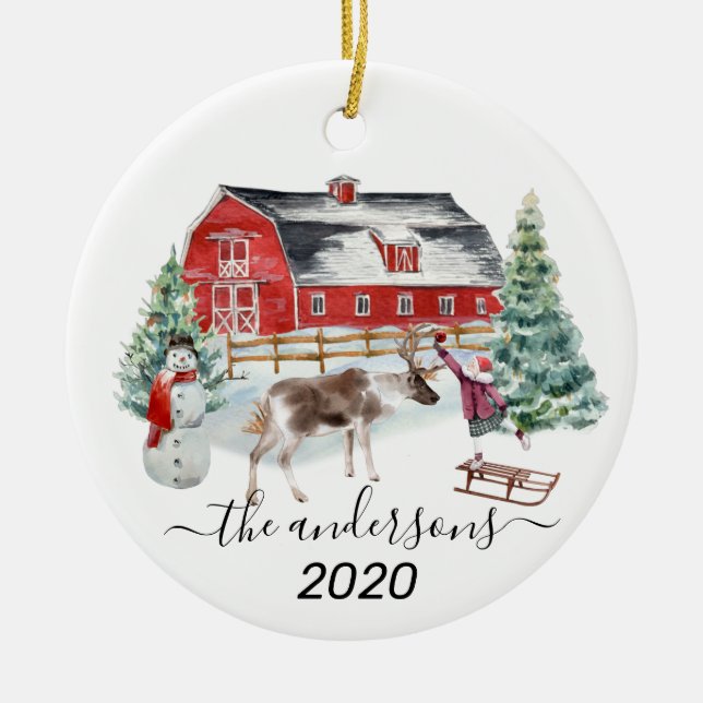 Winter Helgdag Barn Reindeer Girl Handskriftlig na Julgransprydnad Keramik (Framsidan)