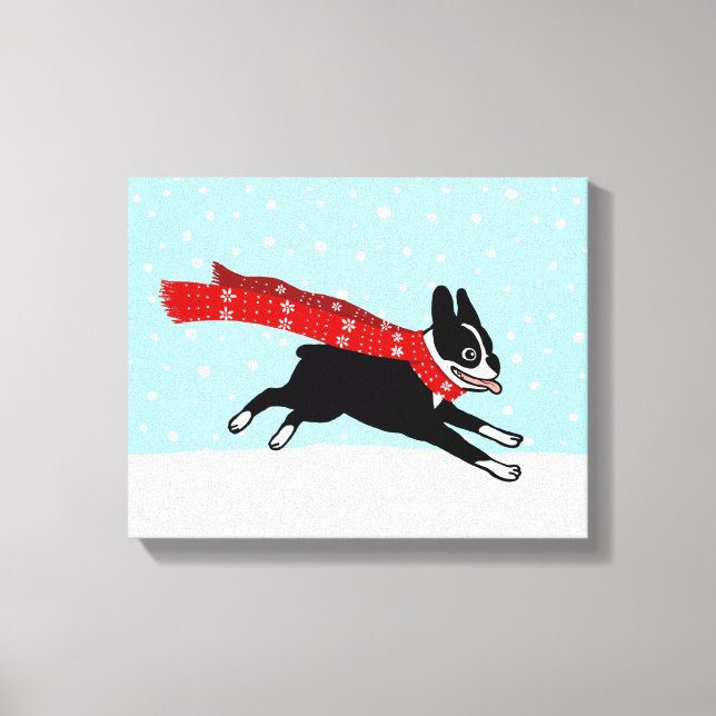 Winter Helgdag Boston Terrier Wearing Red Scarf Canvastryck (Framsida)