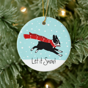 Winter Helgdag Boston Terrier Wearing Red Scarf Julgransprydnad Keramik