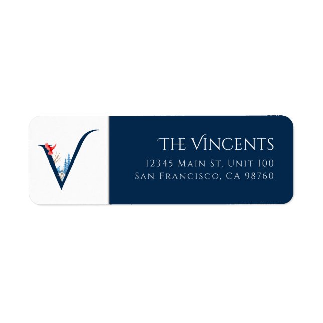 Winter Helgdag | Brev V Monogram-adressetikett Returadress Etikett (Framsidan)