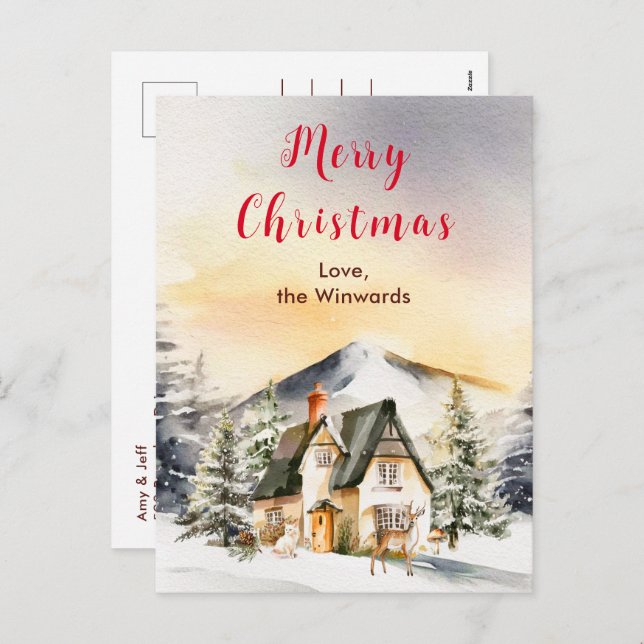 Winter Helgdag Cottage God jul Helg Vykort (Fram/baksida)