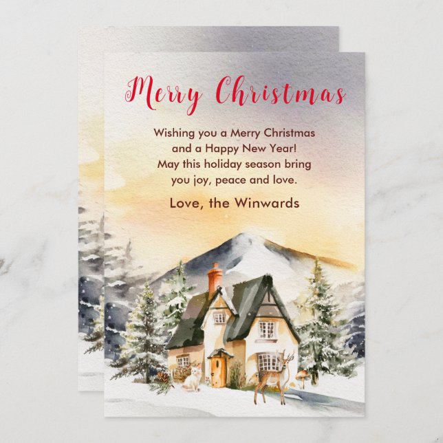 Winter Helgdag Cottage God jul Julkort (Fram/baksida)