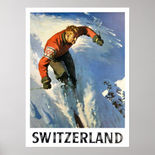 Winter helgdag i Schweiz, skidman, vintage Poster