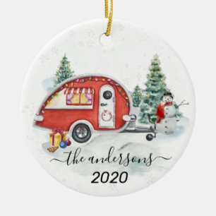 Winter Helgdag RV Camper Monogram Family Snö Julgransprydnad Keramik