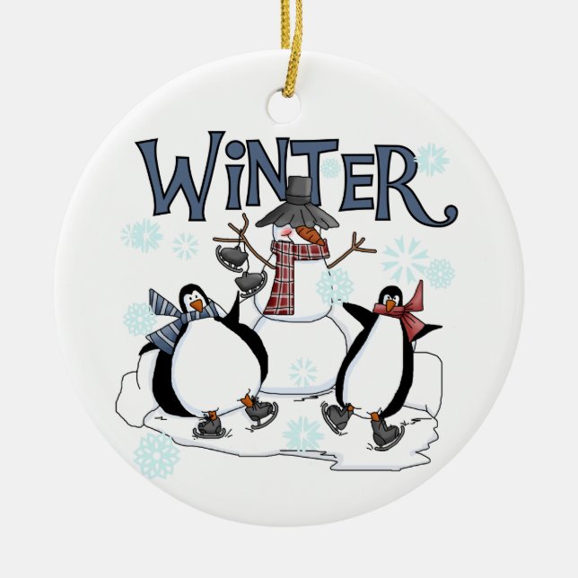 Winter Helgdagars Snögubbe Penguins Ice Skating Julgransprydnad Keramik (Framsidan)