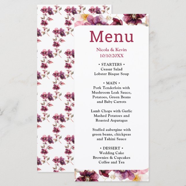Winter Hellebore Floral Burgundy Wedding Menu Meny (Fram/baksida)