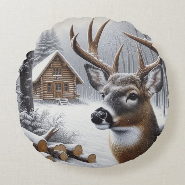Winter hjort/Buck art Rund Kudde (Framsidan)
