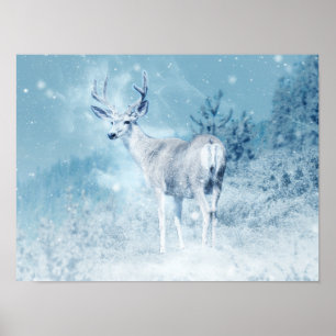 Winter Hjort och Gräs Träd Poster