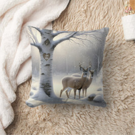 Winter Hjort with Birch Träd Heart and Namn Kudde