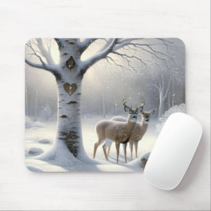 Winter Hjort with Birch Träd Heart Musmatta