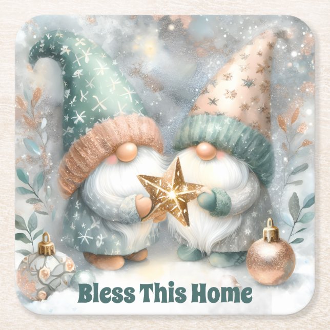 Winter Holiday Personalized Gnome Bless This Home Underlägg Papper Kvadrat (Framsidan)