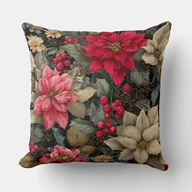 Winter Holiday Poinsettias And Berries Floral Kudde (Framsida)